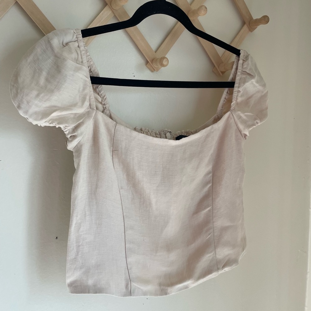 J Crew | Square Neck Linen blend puff cap sleeve crop top ruched back | size S
